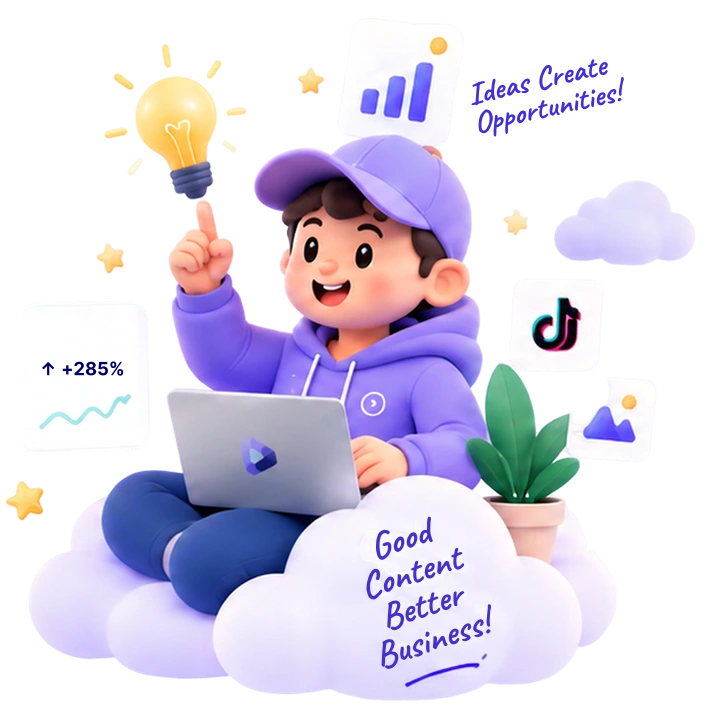 Nhân vật Content Radar áo tím dùng laptop, cùng bóng đèn ý tưởng và biểu đồ tăng trưởng